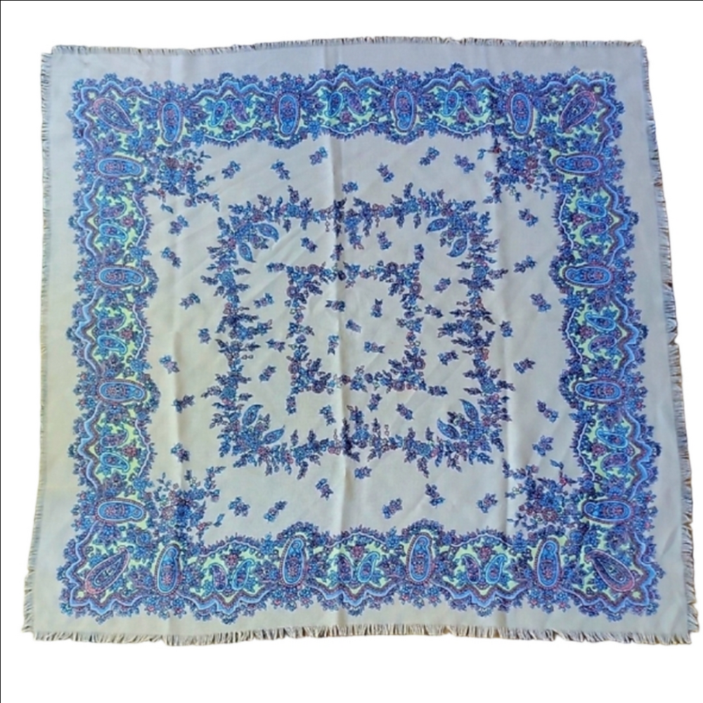 Vintage Made In Italy Polyester Square Fringe Paisley Purple Tan Scarf 30"×30"